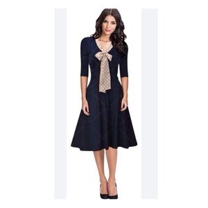Miusol Elegant Navy Dress with Cream Polka Dot Bow Collar size small